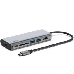 Адаптер Belkin USB-C 6-in-1 Multiport Adapter - HDMI, 2xUSB-A, USB-C, SD, Ethernet, 100Вт, серый