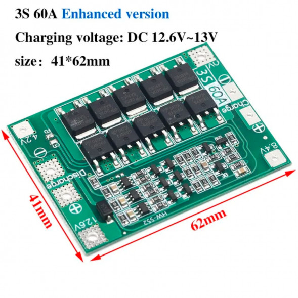 Плата защиты аккумулятора BMS 3S 60A 12.6 для Li-ion в Чите